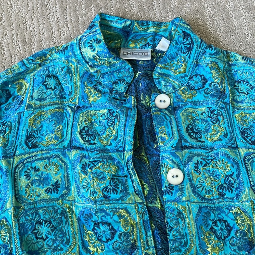 Chico’s Silk Turquoise Patterned Jacket - image 2